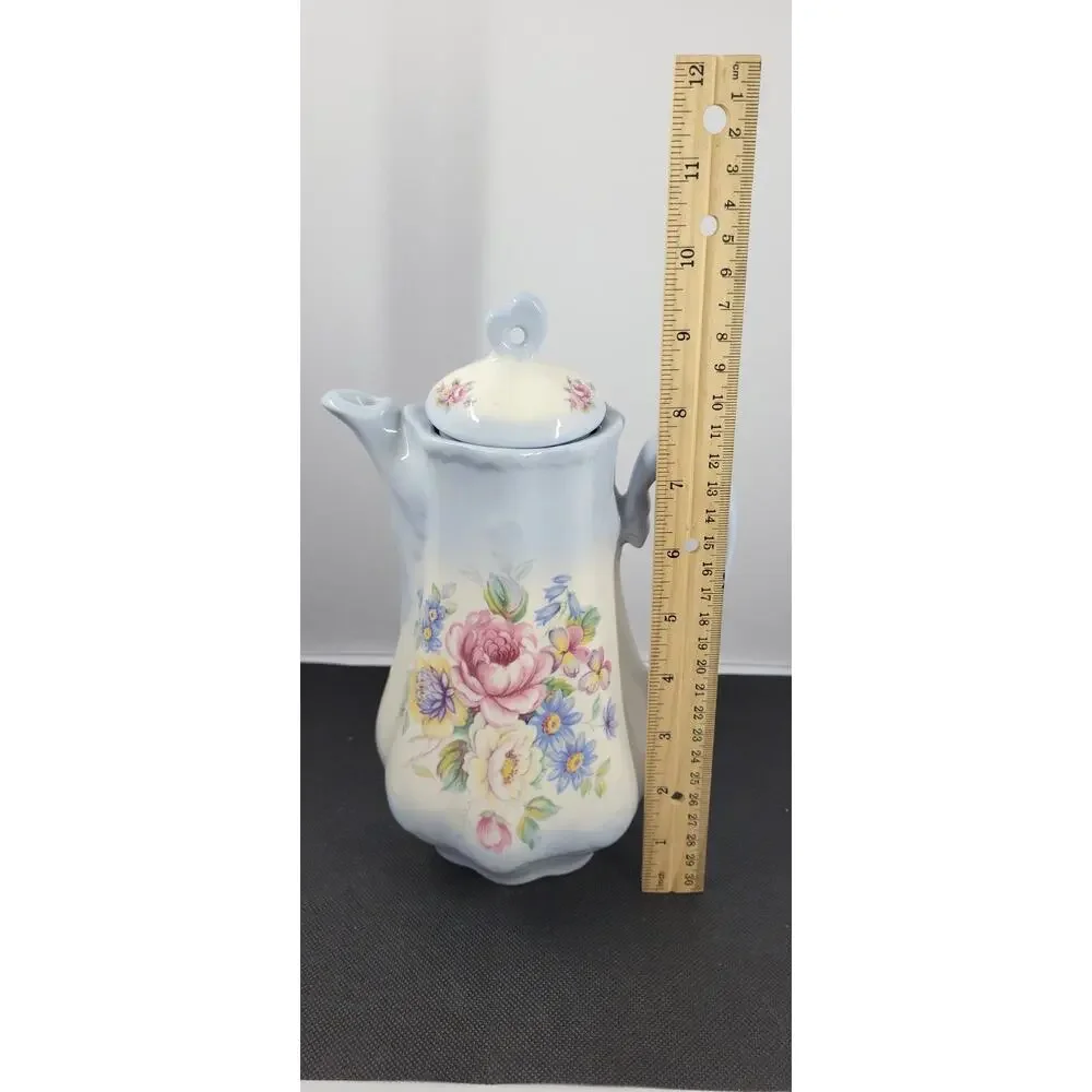 floral Coffee Pot with Lid Blue Pink Flowers Ceramic Cottage Decor 9